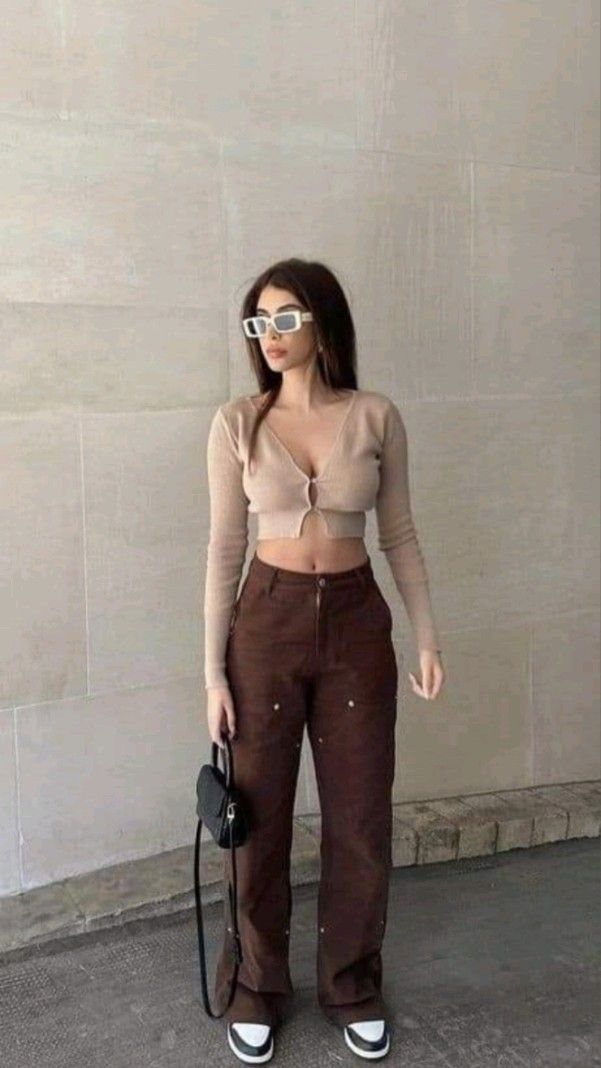 Beige Crop Top and Brown Pants